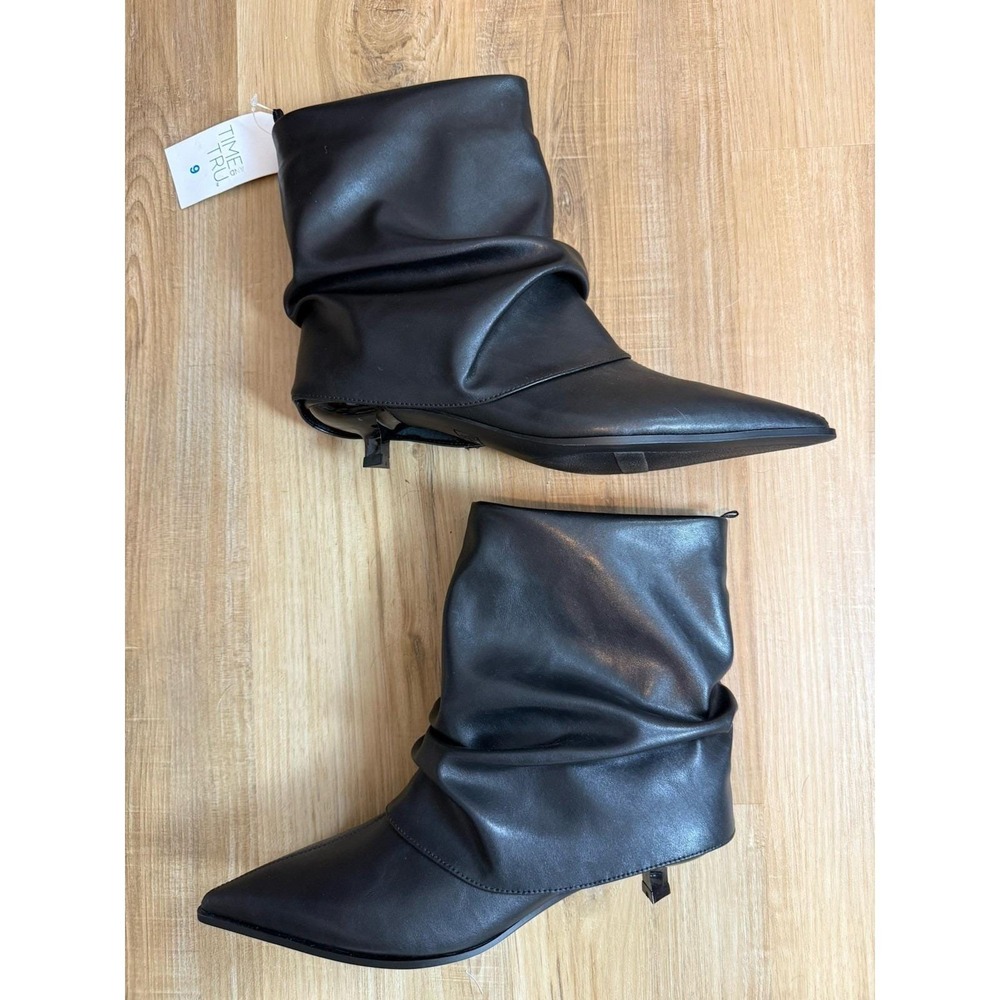 Time And Tru Black Scrunch Fold Over Pointed Toe Kitten Heel Boots Womens Sz 9 - Picture 9 of 9